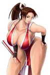 1girl breasts brown_hair cleavage fatal_fury highres huge_breasts king_of_fighters large_breasts long_hair looking_at_viewer ninja pose shiranui_mai signal-green solo thighs 