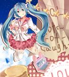  :q aqua_eyes aqua_hair bad_id bad_pixiv_id bandaid bow computer copyright_name food hatsune_miku hetayusa highres laptop long_hair lots_of_laugh_(vocaloid) night pancake recursion sailor_collar scrunchie single_thighhigh skirt socks solo star thighhighs tongue tongue_out twintails very_long_hair vocaloid 