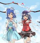  aaaabo arm_wrap bandages belt blue_eyes blue_hair blue_sky branch chinese_clothes cloud day dress fang fingernails flower flying_sweatdrops hair_ornament hair_rings hair_stick hat highres kaku_seiga leg_wrap light_particles light_smile miyako_yoshika multiple_girls one_eye_closed outstretched_arms shawl short_hair skirt sky star tears touhou vest zombie_pose 