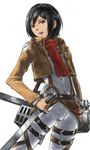  bad_id bad_pixiv_id belt black_hair dual_wielding emblem holding jacket michitarou mikasa_ackerman paradis_military_uniform red_eyes scarf shingeki_no_kyojin short_hair solo sword three-dimensional_maneuver_gear training_corps_(emblem) weapon 