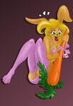  &lt;3 anthro blonde_hair brown_fur camel_toe carrot cleavage clothed clothing female fuf fur green_eyes hair lagomorph legwear mammal plain_background rabbit solo stockings tongue tongue_out 