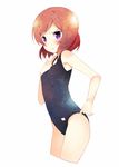  adjusting_clothes adjusting_swimsuit blush brown_hair cowboy_shot cropped_legs frown looking_at_viewer love_live! love_live!_school_idol_project meito_(maze) nishikino_maki one-piece_swimsuit purple_eyes school_swimsuit short_hair solo swimsuit wavy_mouth 