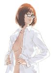  bad_id bad_pixiv_id breasts brown_eyes brown_hair copyright_request dress_shirt glasses jewelry kaburagi_yuki lips medium_breasts open_clothes open_shirt parted_lips ring shirt short_hair simple_background solo wedding_band white_background 