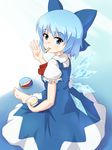  barefoot blue_eyes blue_hair cirno dress food gradient gradient_background highres ice_cream indian_style kakiha_makoto looking_at_viewer looking_back open_hand short_hair sitting solo touhou wings 