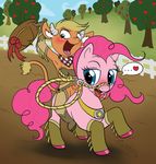  &lt;3 apple blonde_hair blue_eyes bovine cattle duo equine female fence feral friendship_is_magic fruit fur furnut green_eyes hair hat horn horse looking_back mammal my_little_pony open_mouth outside pink_fur pink_hair pinkie_pie_(mlp) pony pussy riding tongue tongue_out tree 