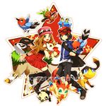  1girl bad_id bad_pixiv_id black_legwear blonde_hair calme_(pokemon) chespin eyewear_on_head fennekin fletchling froakie gen_6_pokemon gogoat helioptile highres long_hair naru_(andante) pancham pleated_skirt pokemon pokemon_(creature) pokemon_(game) pokemon_xy serena_(pokemon) skirt star sunglasses sylveon thighhighs 