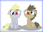  blonde_hair blue_eyes brown_hair butter cute cutie_mark derpy_hooves_(mlp) doctor_whooves_(mlp) duo equine female feral food friendship_is_magic fur hair horse male mammal muffin my_little_pony pegasus plain_background pony sitting smile snicker234 tongue tongue_out white_background wings yellow_eyes 