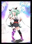  alternate_costume animal_ears belt black_legwear bracelet character_name closed_eyes green_hair jewelry kasodani_kyouko makuwauri microphone music open_mouth punk short_hair singing skirt solo studded_bracelet tail thighhighs touhou wavy_hair 