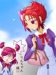  blue_skirt bow bowtie cure_rouge dress earrings flower hair_flower hair_ornament half_updo jewelry l'ecole_des_cinq_lumieres_school_uniform long_hair magical_girl multiple_girls natsuki_rin open_mouth pink_hair precure red_eyes red_hair ribbon school_uniform serafuku short_hair skirt spiked_hair surprised translation_request twintails uenokun yes!_precure_5 yumehara_nozomi 