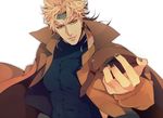  bad_id bad_pixiv_id blonde_hair cape dio_brando fang fingernails headband heart jojo_no_kimyou_na_bouken looking_at_viewer male_focus muscle outstretched_arm red_eyes skin_tight solo takashi_(huzakenna) turtleneck upper_body white_background 