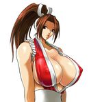 1girl breasts brown_hair cleavage covered_nipples erect_nipples fatal_fury huge_breasts king_of_fighters large_breasts long_hair ninja no_bra shiranui_mai signal-green simple_background solo white_background 