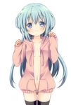  black_legwear blue_eyes blue_hair blush hood hood_down hooded_jacket hoodie jacket long_hair naked_hoodie navel no_bra open_clothes open_jacket original oumi_neneha simple_background smile solo thighhighs very_long_hair white_background 