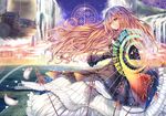  brown_eyes brown_hair dress gradient_hair hijiri_byakuren kantarou_(nurumayutei) long_hair magic_circle md5_mismatch multicolored_hair palanquin_ship petals purple_hair smile solo sorcerer's_sutra_scroll touhou very_long_hair 