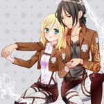  bad_id bad_pixiv_id black_hair blonde_hair blush christa_renz emblem freckles jacket koharu_(mh) multiple_girls paradis_military_uniform ponytail shingeki_no_kyojin short_hair training_corps_(emblem) uniform ymir_(shingeki_no_kyojin) yuri 