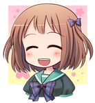  breasts brown_hair chibi closed_eyes hataraku_maou-sama! highres large_breasts noumiso_hoehoe open_mouth ribbon sasaki_chiho school_uniform short_hair short_twintails smile solo twintails 