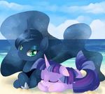  beach blue_hair clasherz crenair equine female feral friendship_is_magic green_eyes hair horn horse long_hair mammal multi-colored_hair my_little_pony pony princess_luna_(mlp) royalty sand sea seaside sleeping solo twilight_sparkle_(mlp) unicorn water winged_unicorn wings 