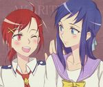  :d bad_id bad_pixiv_id blue_eyes blue_hair blush dokidoki!_precure eye_contact hand_on_shoulder hino_akane_(smile_precure!) hishikawa_rikka long_hair looking_at_another looking_back multiple_girls nanairogaoka_middle_school_uniform negom one_eye_closed oogai_daiichi_middle_school_uniform open_mouth precure purple_sailor_collar red_eyes red_hair sailor_collar school_uniform short_hair smile smile_precure! 