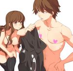  1girl black_legwear breasts brown_eyes brown_hair censored fate/extra fate/extra_ccc fate_(series) holding_clothes kishinami_hakuno_(female) kishinami_hakuno_(male) large_breasts long_hair naso4 nipple_censor nude pasties pectorals pointless_censoring shirt short_hair t-shirt thighhighs thighhighs_pull topless very_long_hair 