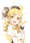  :d beret blonde_hair breasts detached_sleeves eyelashes fingerless_gloves gloves hair_ornament hat index_finger_raised large_breasts magical_girl mahou_shoujo_madoka_magica open_mouth ribbon smile solo tomoe_mami yellow_eyes yuuzii 