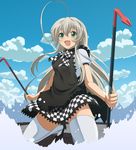  ahoge blue_sky blush cloud commentary_request crowbar day dual_wielding green_eyes haiyore!_nyaruko-san holding long_hair nyarlathotep_(nyaruko-san) open_mouth puffy_sleeves shiden_(john_shiden) short_sleeves silver_hair sky solo thighhighs very_long_hair weapon white_legwear 