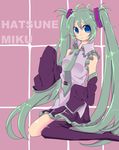  :i absurdres bad_id bad_pixiv_id blue_eyes boots character_name detached_sleeves green_hair hatsune_miku highres long_hair necktie sayo25 single_thighhigh sitting skirt sleeves_past_wrists solo thigh_boots thighhighs twintails very_long_hair vocaloid wariza 
