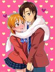  1girl blazer blush bow bowtie brown_eyes brown_hair brown_jacket fujimura_shougo futari_wa_precure heart hetero holding_hands jacket maeashi misumi_nagisa orange_eyes orange_hair pink_background precure scarf school_uniform shirt short_hair skirt striped striped_bow striped_neckwear striped_skirt verone_gakuin_school_uniform 