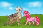  avian beak blue_eyes cloud clouds cutie_mark duo english_text equine eye_contact female feral friendship_is_magic fur gilda_(mlp) gryphon hair horse mammal my_little_pony outside pink_fur pink_hair pinkie_pie_(mlp) pony sillycaracal text wings yellow_eyes 