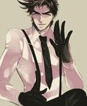  black_gloves gloves jojo_no_kimyou_na_bouken joseph_joestar_(young) male_focus necktie s_gentian solo spiked_hair suspenders 