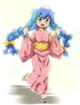  blue_eyes blue_hair braid hat ikamusume japanese_clothes kimono long_hair sandals shinryaku!_ikamusume shishinon tentacle_hair twin_braids yukata 