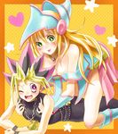  1girl :p bad_id bad_pixiv_id bare_shoulders belt black_hair blonde_hair blush boots breasts choker cleavage dark_magician_girl detached_sleeves duel_monster green_eyes hat heart large_breasts long_hair lying millennium_puzzle multicolored_hair mutou_yuugi on_stomach open_mouth pants pentacle purple_eyes purple_hair shirt sitting skirt sleeveless smile sora_(pikasora) spiked_hair star tickling tongue tongue_out wince wizard_hat yuu-gi-ou yuu-gi-ou_duel_monsters 