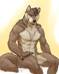  abs anthro biceps big_muscles black_nose blue_eyes brown_fur brown_hair canine chest chest_tuft claws fangs fur green_eyes hair heterochromia looking_at_viewer male mammal muscles nude open_mouth paws pecs plain_background pose rrowdybeast sheath sitting solo tan_fur teeth tongue tuft wolf 
