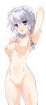  armpits blue_eyes blush braid breasts izayoi_sakuya looking_at_viewer medium_breasts navel nipples nude open_mouth pussy shiny shiny_skin silver_hair smile solo standing testa touhou twin_braids uncensored 