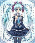  aqua_eyes aqua_hair bad_id bad_pixiv_id bow detached_sleeves dress frills garters hair_bow hair_ribbon hatsune_miku highres long_hair necktie ribbon siyusiyu13 solo thighhighs twintails very_long_hair vocaloid 