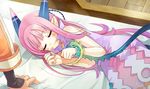  blush closed_eyes horns long_hair lying milreaf on_bed on_side pink_hair pointy_ears solo summon_night summon_night_4 tail 
