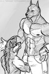  back biceps canine chest clothing dog duo eye_patch eyewear fur gay hair kneeling male mammal monochrome muscles nipples pants paws pecs pose rehgan sketch solo standing topless 