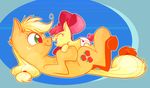  abstract_background apple_bloom_(mlp) applejack_(mlp) blonde_hair bow cub cutie_mark diaper duo equine eyes_closed female feral freckles friendship_is_magic fur graystripe64 green_eyes hair happy hi_res horse lying mammal my_little_pony nose_to_nose on_back open_mouth orange_fur pony red_hair sibling signature sisters smile touching_noses yellow_fur young 