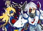  armor blazblue blonde_hair blue_eyes eyepatch grey_hair lambda-11 long_hair masin0201 mu-12 multiple_girls nu-13 red_eyes visor 