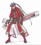  black_hair capelet concept_art fingerless_gloves forehead_protector gloves guilty_gear headband long_hair male_focus non-web_source official_art ponytail sketch sol_badguy solo very_long_hair 