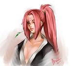  2010 baiken breasts cleavage drinking_straw facial_tattoo guilty_gear japanese_clothes kimono large_breasts lips long_hair marlon_teunissen mouth_hold one-eyed pink_eyes pink_hair ponytail scar scar_across_eye signature solo tattoo very_long_hair 