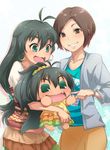  :d antenna_hair aqua_eyes black_hair brown_eyes brown_hair cheek_poking chibi chibiki don_michael earrings fang ganaha_hibiki grin hair_down idolmaster idolmaster_(classic) jewelry long_hair multiple_girls numakura_manami open_mouth poking ponytail puchimasu! real_life seiyuu short_hair smile 