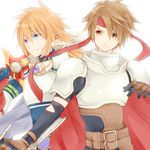  armor bad_id bad_pixiv_id blonde_hair blue_eyes brown_eyes brown_hair cape cless_alvein gloves headband highres long_hair male_focus mochigon multiple_boys over_shoulder red_cape smile stahn_aileron sword tales_of_(series) tales_of_destiny tales_of_phantasia weapon white_background 