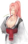  amputee bad_id bad_pixiv_id baiken breasts chabo_(pmajpmaj) cleavage drinking_straw facial_tattoo guilty_gear huge_breasts japanese_clothes kataginu kimono lips long_hair mouth_hold obi one-eyed open_clothes open_kimono pink_hair ponytail sash scar scar_across_eye sketch solo tattoo yellow_eyes 