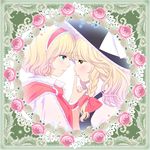  alice_margatroid bad_id bad_pixiv_id blonde_hair blue_eyes blush braid couple eye_contact finger_to_another's_mouth flower hair_ribbon hairband hat headband kirisame_marisa long_hair looking_at_another multiple_girls ofuton_zeb pink_flower pink_rose profile ribbon rose short_hair touhou upper_body yellow_eyes yuri 