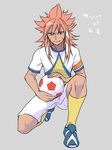  armband bad_id bad_pixiv_id ball character_name cosplay garushaa_wolfein hakuryuu_(inazuma_eleven) hakuryuu_(inazuma_eleven)_(cosplay) inazuma_eleven_(series) inazuma_eleven_go inazuma_eleven_go_chrono_stone long_hair male_focus simple_background soccer_ball soccer_uniform solo sportswear telstar unlimited_shining zuwai_kani 