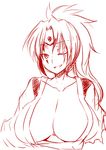  amputee baiken breasts facial_tattoo guilty_gear huge_breasts japanese_clothes kataginu kimono long_hair monochrome obi one-eyed open_clothes open_kimono ponytail sash scar scar_across_eye smile solo tattoo zanku 