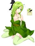  1girl bare_shoulders female green_eyes green_hair head_tilt japanese_clothes kanata-kurose kimono personification ribbon solo thighhighs wakaba-tan wakaba_(personification) yukata zettai_ryouiki 