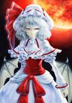  acrylic_paint_(medium) ascot bad_id bad_pixiv_id bat_wings capelet curiosities_of_lotus_asia dress embellished_costume fang frills full_moon hat hat_ribbon moon pale_skin red_eyes red_moon remilia_scarlet ribbon silver_hair solo touhou traditional_media tsubugaai wings 