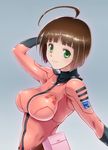  bag belt bob_cut bodysuit breasts brown_hair green_eyes harada_makoto highres large_breasts medic msda nurse pink_bodysuit short_hair smile solo uchuu_senkan_yamato uchuu_senkan_yamato_2199 uniform 