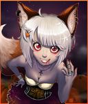  canine cleavage clothed clothing costume ear_piercing fangs female fox grin hair halloween holidays liea mammal piercing red_eyes smile vampire white_hair 