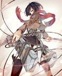  black_eyes black_hair boots dual_wielding emblem holding jacket mikasa_ackerman nou paradis_military_uniform scarf shingeki_no_kyojin short_hair solo survey_corps_(emblem) sword thigh_strap three-dimensional_maneuver_gear weapon 